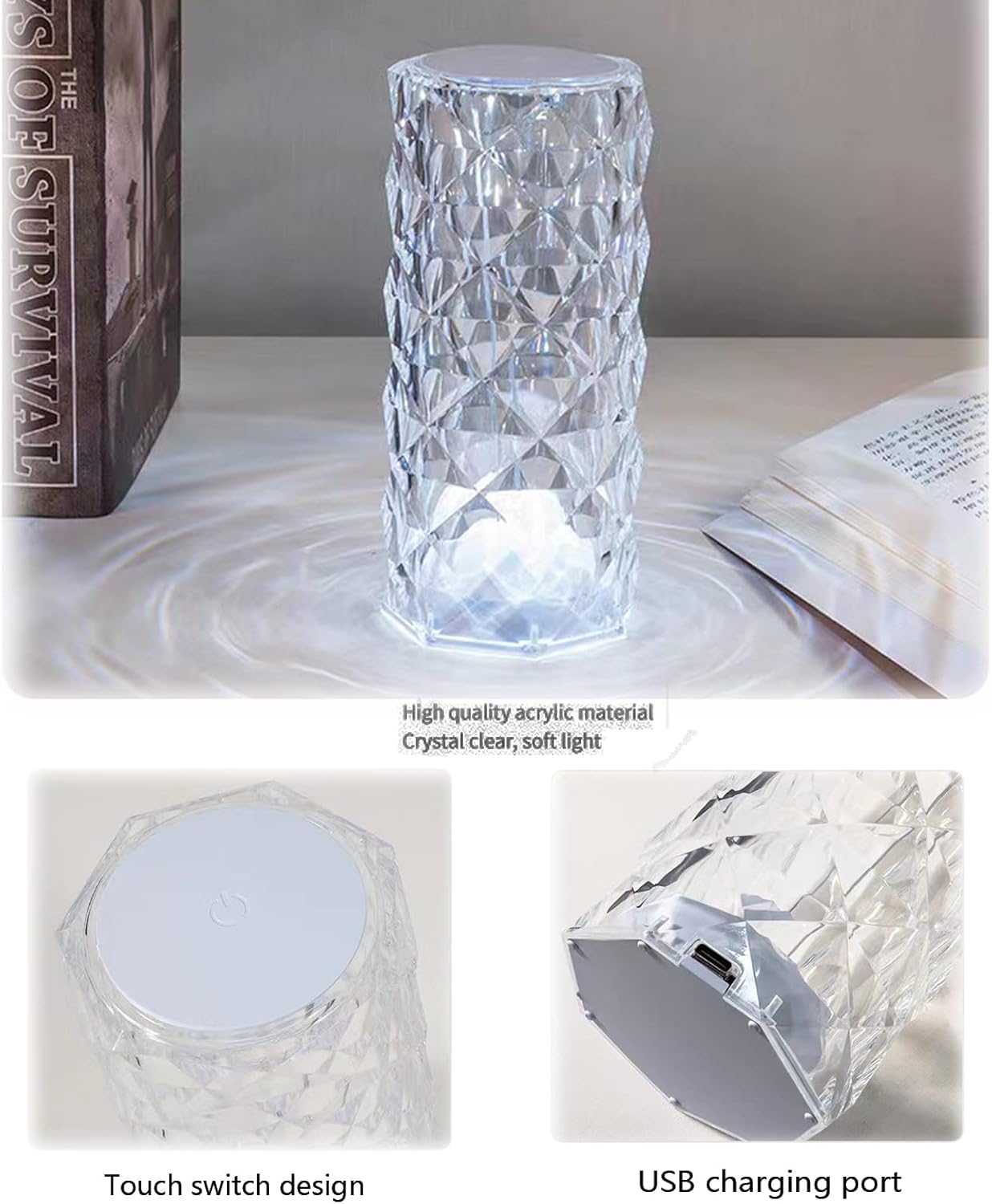 16 Colors Diamond Rose Crystal Touch Lamp Bedside Acrylic Usb Rechargeable Table Lamp With Remote