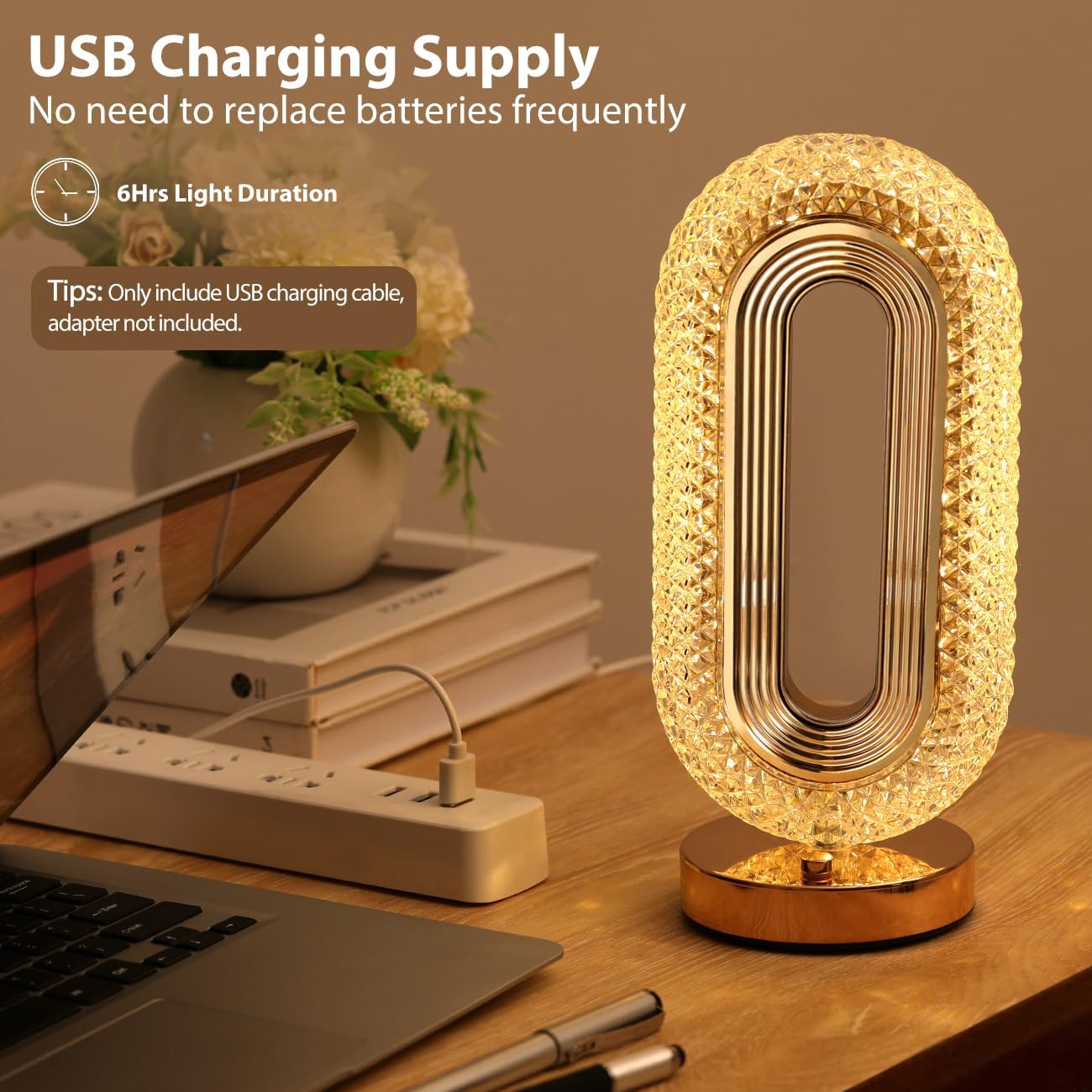 Rechargeable Luxury Oval Shaped Crystal Table Lamp With 3 Colors Touch Control Best Quality Table Lamp